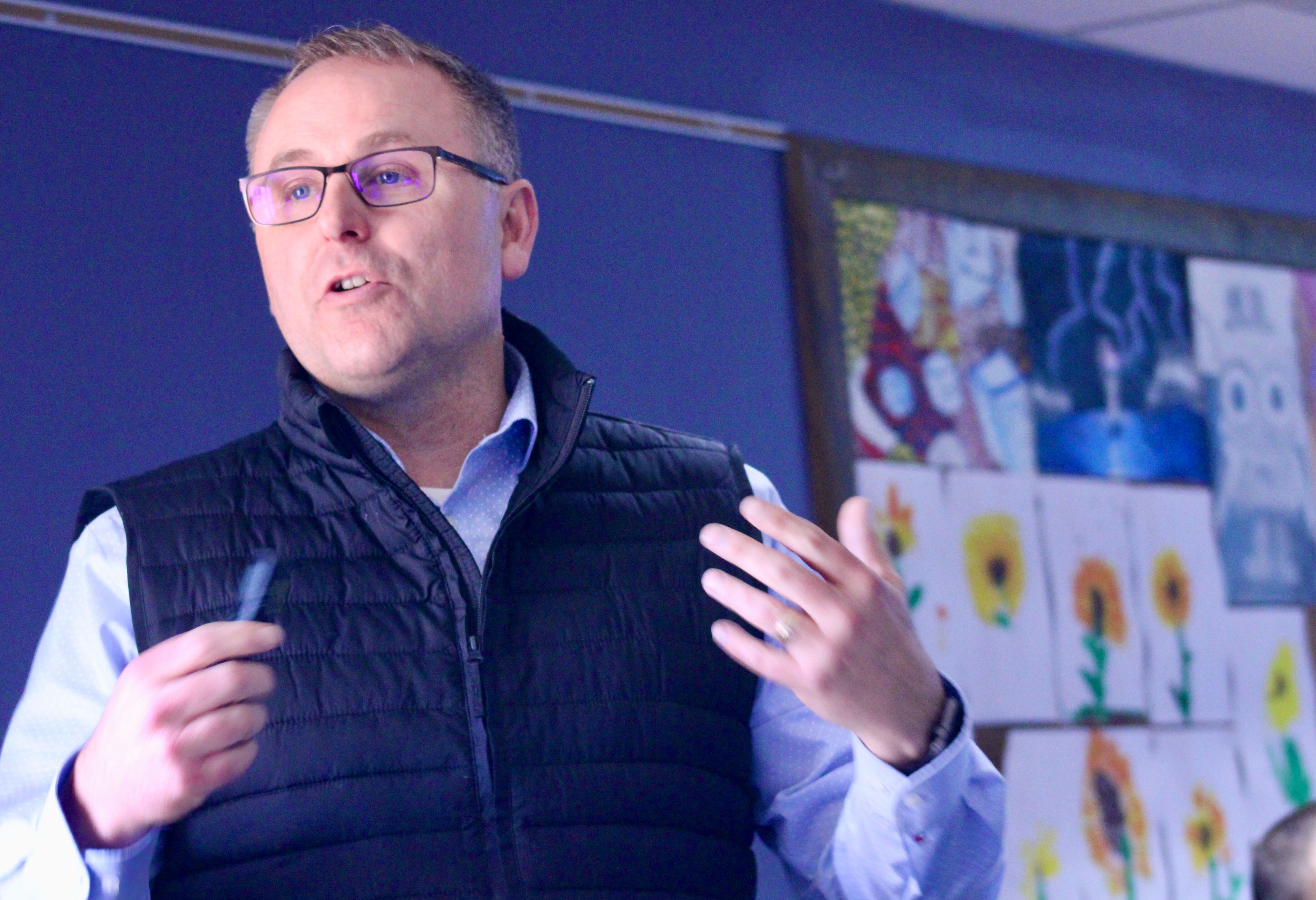 Dixon City Manager Danny Langloss provides an assessment of the impact two tax increment financing districts will have on Dixon Public Schools during the March 16 meeting of the board of education.
