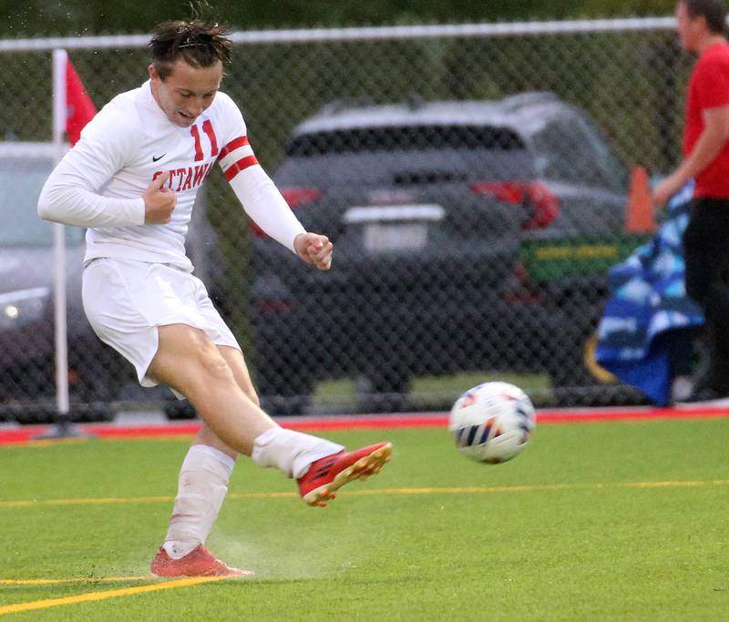 Ottawa's Alexzander Houk kicks the ball out of the box against L-P on Monday, Sept. 11, 2023 at the L-P Athletic Complex in La Salle.