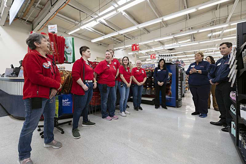 Jane Blain Gilbertson (right), owner/CEO of Blain’s Farm and Fleet, speaks with front of the store employees Thursday, Nov. 9, 2023 in Sterling. Gilbertson took a tour of the store where she and her team met and greeted employees.