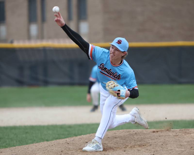 Sandwich's Nick Michael delivers a pitch against Aurora Christian on Tuesday, April 1, 2025 in Sandwich.