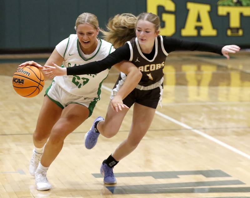Jacobs' Sienna Ryan tries to steal the ball from Crystal Lake South's Laken Lepage as she brings the ball up the court during a Fox Valley Conference basketball game on Friday, Jan. 17, 2025, at Crystal Lake South High School.