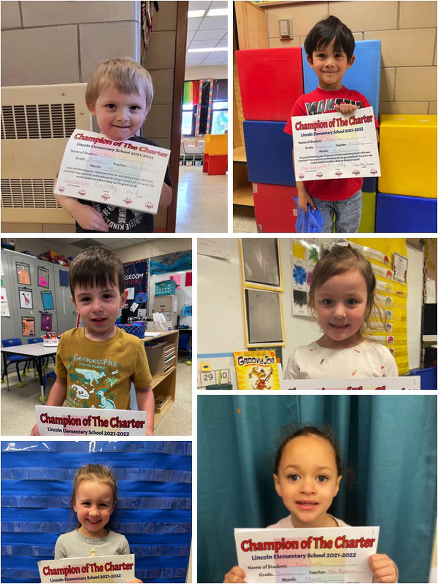 Preschoolers Fiona Griffin, Miles Paez, Parker Cronk, Jameson Kueteman, Lydia Cade and Harper Torres were named Lincoln Elementary Champions of the Charter in March.