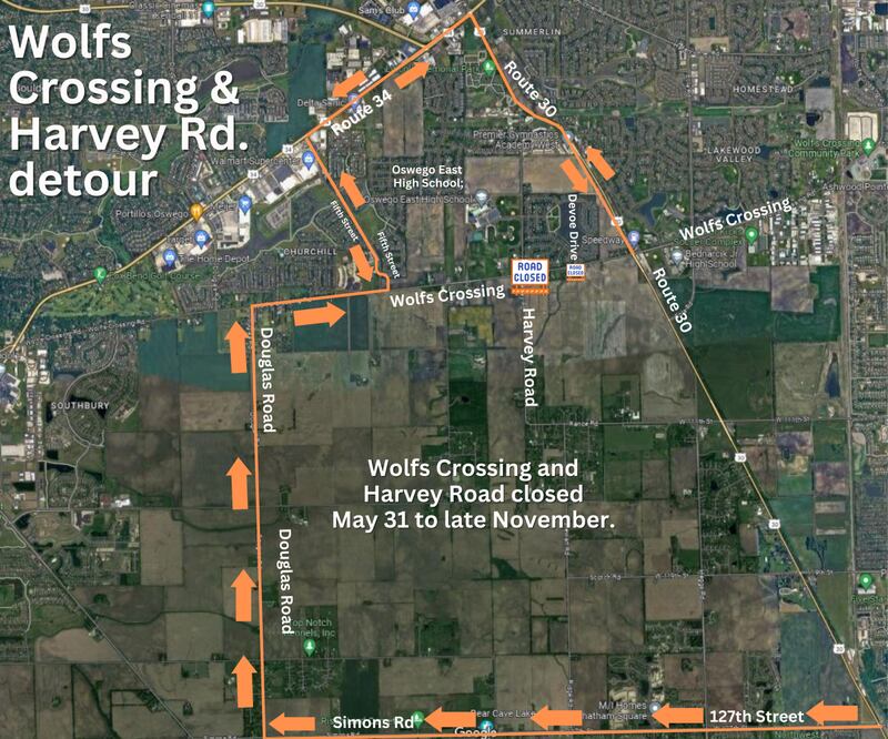The village of Oswego will present an update on the Wolfs Crossing and Harvey construction project during an open house from 5 to 7 p.m. Wednesday.