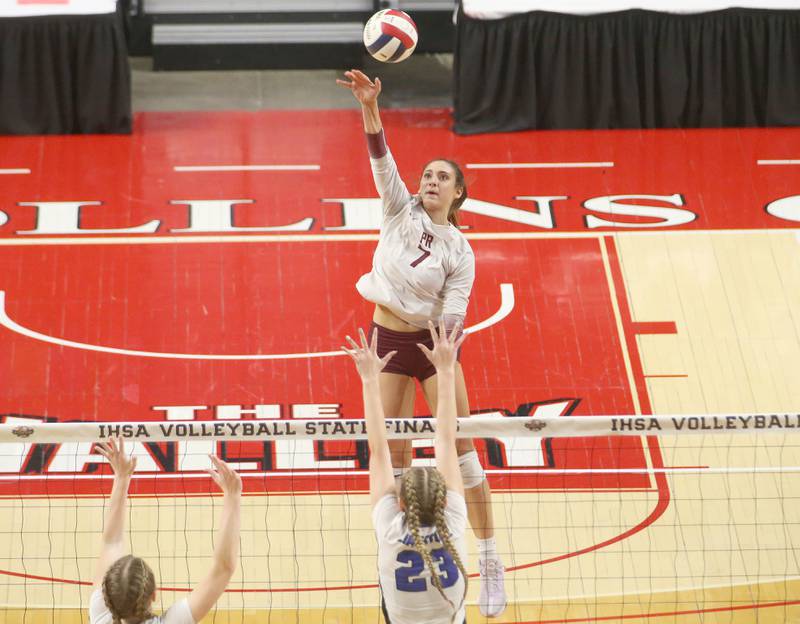 Prairie Ridge's Maizy Agnello sends a kill past Limestone during the Class 3A State semifinal game on Friday, Nov. 15, 2024 at CEFCU Arena in Normal.