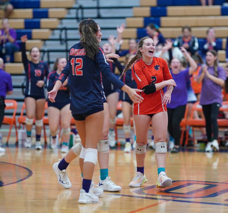 Oswego’s Grace Petasnick (2) reacts after defeating Yorkville in a volleyball match at Oswego High School on Thursday, Sept. 14, 2023.