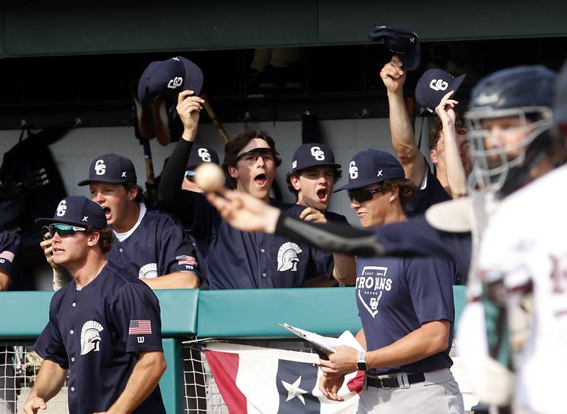 Cary-Grove celebrate a play during the IHSA Class 3A Grayslake Central Sectional semifinal baseball game against Prairie Ridge on Wednesday, June 4, 2025, at Grayslake Central High School.