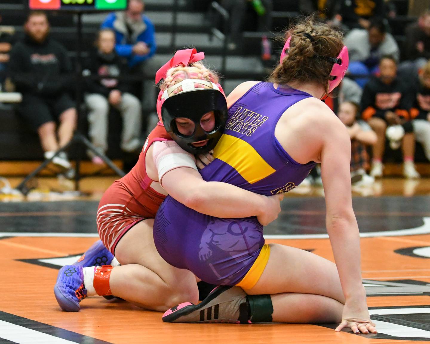 Streator’s wrestler Laila Vaugh tries to control Canton’s Chloe Hedge in the 115-pound weight class during the sectional championship match up on Saturday Feb. 14, 2026, held at DeKalb High School.
