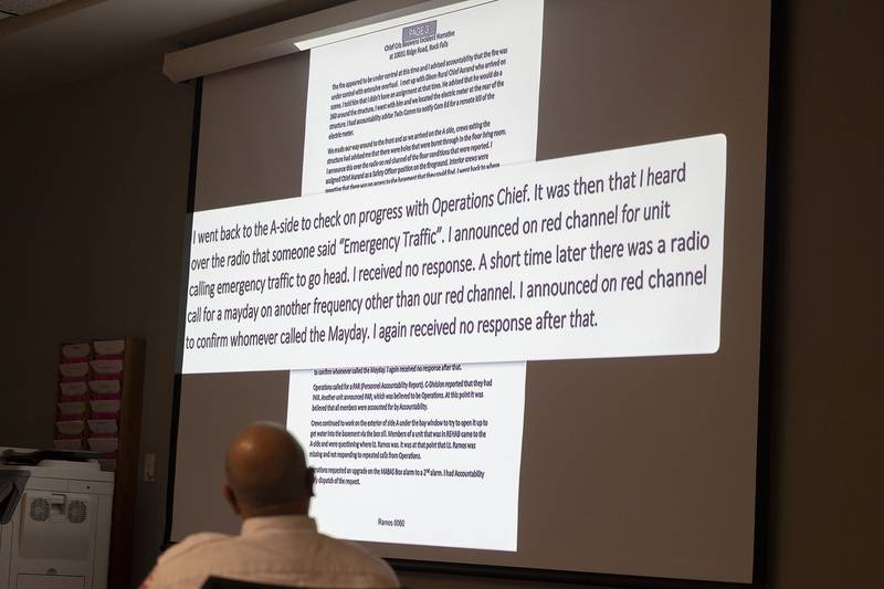An image of Rock Falls Fire Chief Cris Bouwens’ statement about the fire that killed Garrett Ramos is shown on a projection screen Thursday, Nov. 6, 2025, during a wrongful death trial in Whiteside County Circuit Court in Morrison.