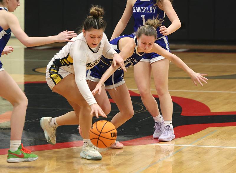 Yorkville Christian’s Hannah Aguado (left) and Hinckley-Big Rock's Grace Michaels go after a loose ball during their Class 1A regional game Tuesday, Feb. 17, 2025, at Indian Creek High School in Shabbona.