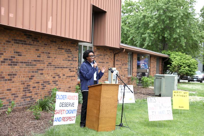 U.S. Rep. Lauren Underwood (D-Naperville) speaks to community members against cuts to the federal Older Americans Act at the Senior Services Associates community center in Yorkville.