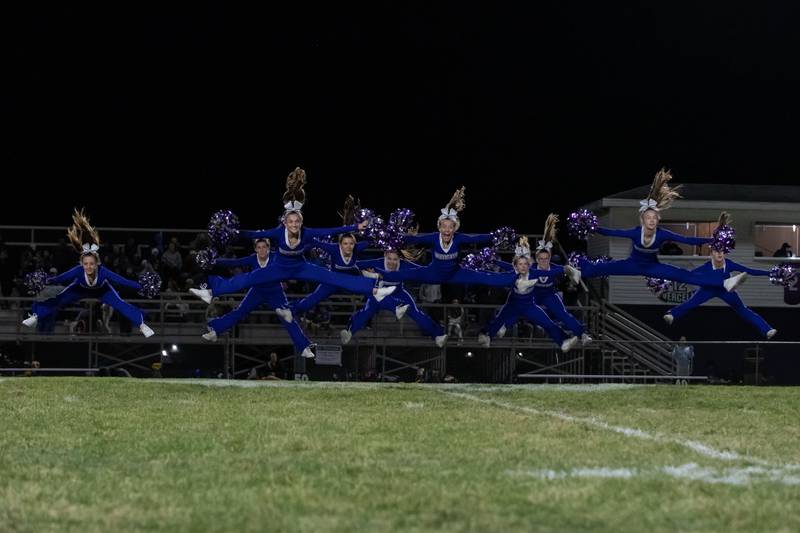 Wilmington cheerleaders perform at halftime during the Wildcats' 49-7 victory over Tri-Valley in the quarterfinal game on Saturday, Nov. 15, 2025.
