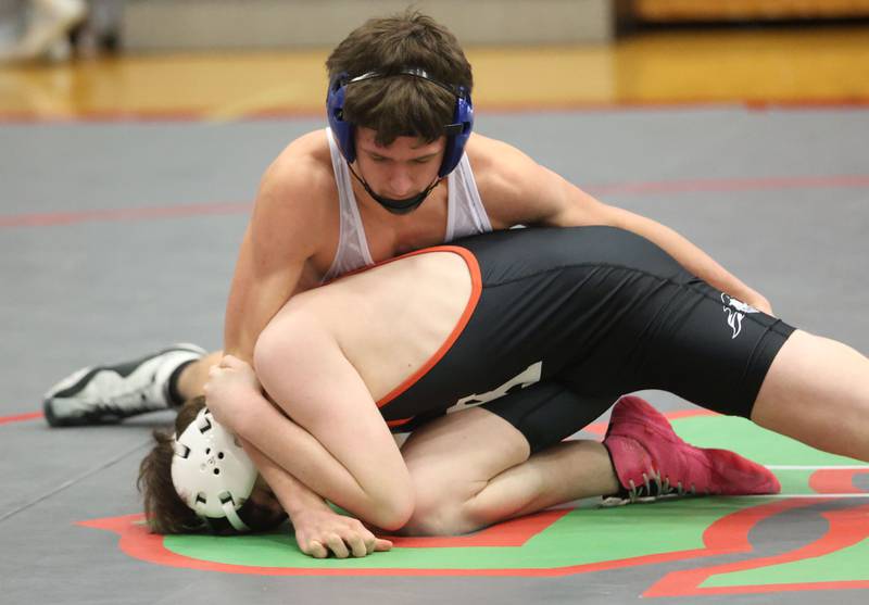 Princeton's Allister Swanson wrestels Kaneland's Camden Skipper during a meet on Thursday, Jan. 22, 2026 in Sellett Gymnasium at L-P High School.