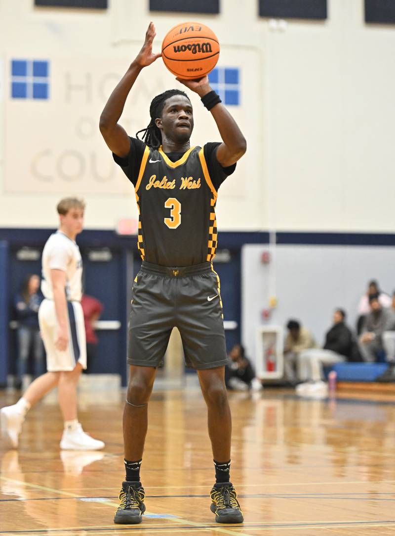 Joliet West's Deven Triplett shoots a free throw during the conference game against Plainfield South on Friday, DEC. 05, 2025, at Plainfield.