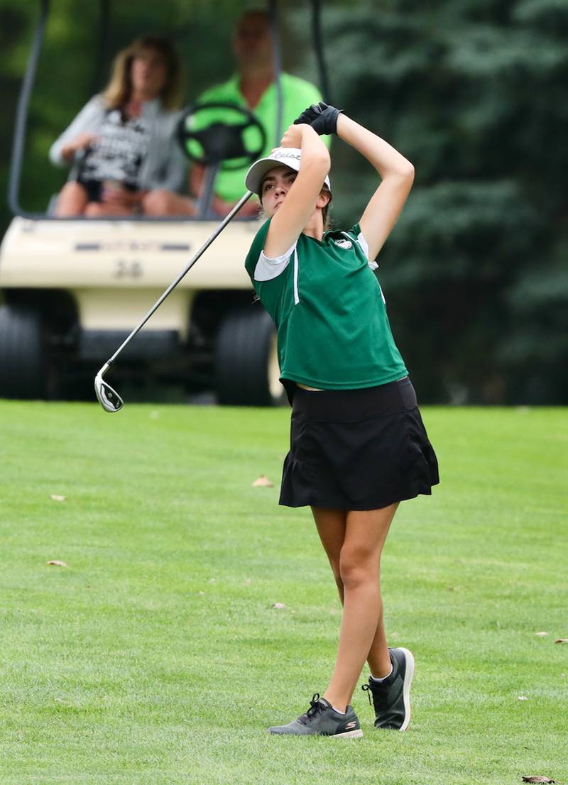 Gianna Grivetti hits the ball during the Illinois Valley Women's Golf Invitational on Sunday, Aug. 14, 2022 at Spring Creek Golf Course in Spring Valley.