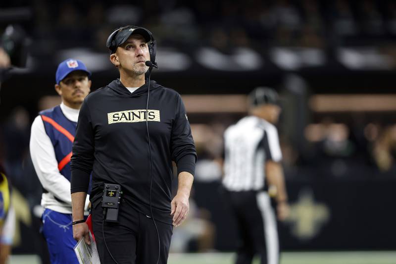FILE - New Orleans Saints head coach Dennis Allen reacts to a play during an NFL football game against the Denver Broncos, Oct. 17, 2024, in New Orleans. (AP Photo/Tyler Kaufman, File)