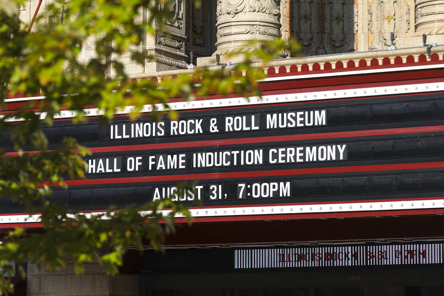 Signage announces the upcoming Illinois Rock and Roll Museum on Route 66 Hall of Fame induction ceremony, on Tuesday, Aug. 31, 2021, at the Rialto Square Theatre in Joliet, Ill.