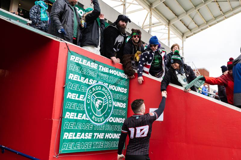 Chicago Hounds' fly-half Luke Carty greets fans after a game at Seat Geek Stadium in Bridgeview, on Sunday April 23, 2023.