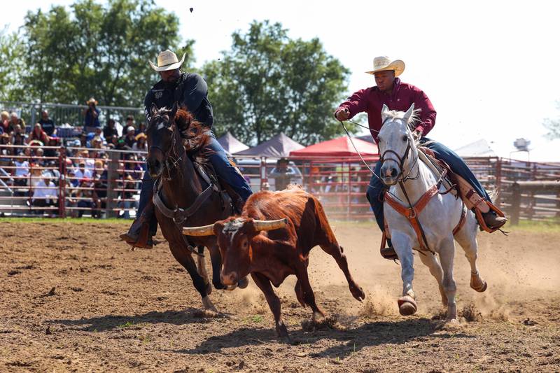 Robert Hughes, left, and his nephew Max Clark, both of Crete, compete during the 50th Pembroke Rodeo on Sunday, May 24, 2026.