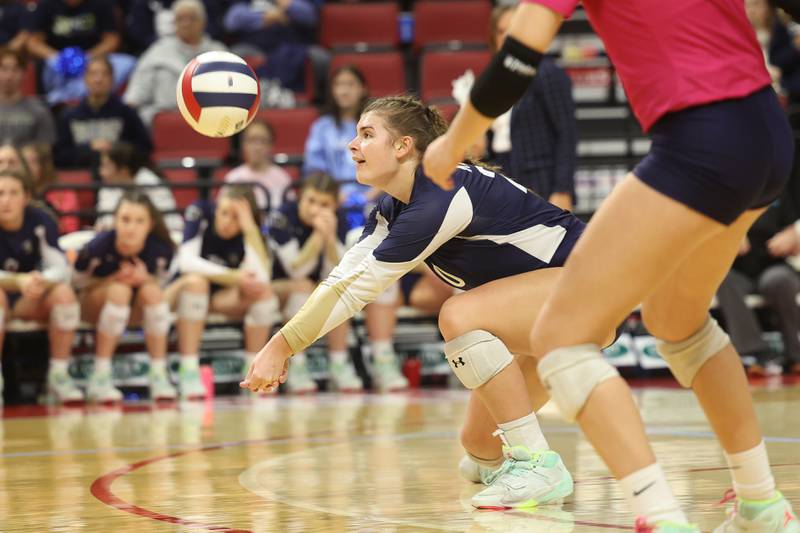 IC Catholic’s Emily Carling gets low for the serve against Mater Dei in the Class 2A Volleyball Championship match on Saturday, Nov. 11, 2023 in Normal.