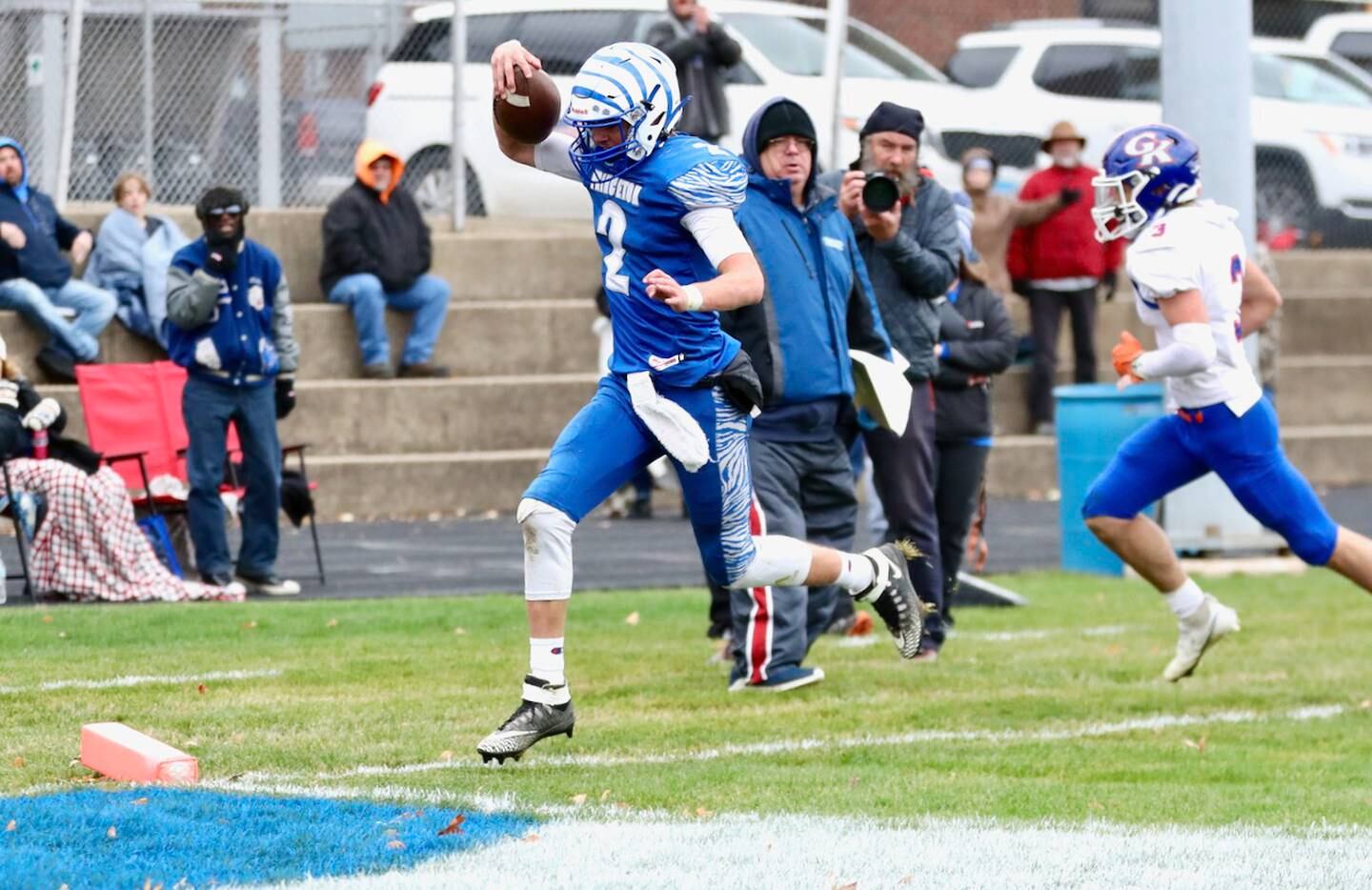 Princeton's Teegan Davis steps in for a fourth-quarter against Genoa-Kingston in Saturday's 3A Playoff at Bryant Field.