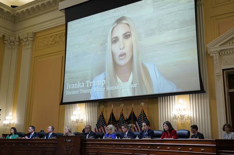 A video showing former White House Advisor Ivanka Trump speaking during an interview with the Jan. 6th Committee is shown as committee members from left to right, Rep. Stephanie Murphy, D-Fla., Rep. Pete Aguilar, D-Calif., Rep. Adam Schiff, D-Calif., Rep. Zoe Lofgren, D-Calif., Chairman Bennie Thompson, D-Miss., Vice Chair Liz Cheney, R-Wyo., Rep. Adam Kinzinger, R-Ill., Rep. Jamie Raskin, D-Md., and Rep. Elaine Luria, D-Va., look on, as the House select committee investigating the Jan. 6 attack on the U.S. Capitol holds its first public hearing to reveal the findings of a year-long investigation, at the Capitol in Washington, Thursday, June 9, 2022. (AP Photo/J. Scott Applewhite)