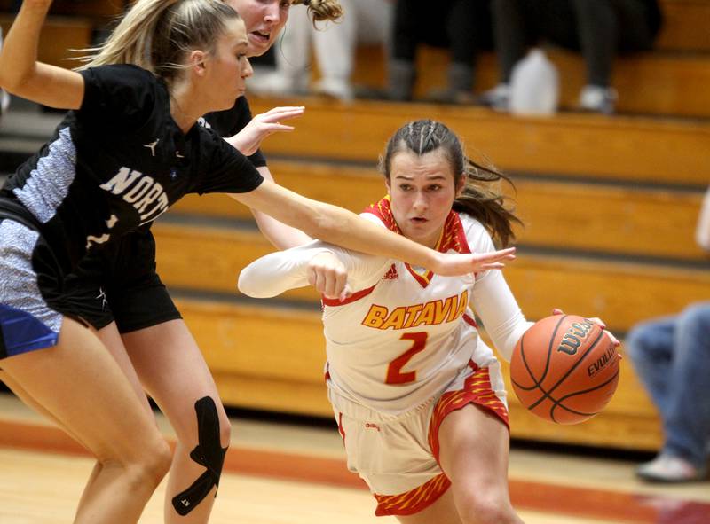 Batavia’s Brooke Carlson drives toward the basket during a game against St. Charles North at Batavia on Thursday, Jan. 12, 2023.