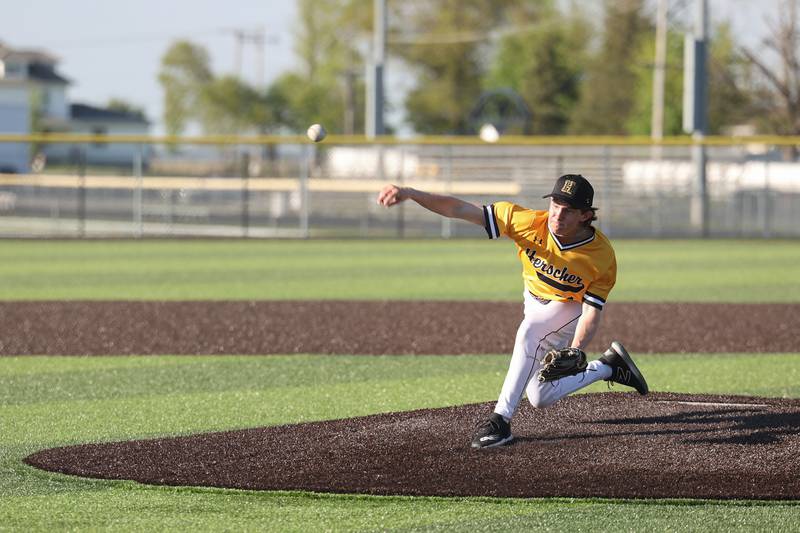 Herscher's Gaige Brown releases a pitch during the Tigers’ 8-7 loss to Manteno on Tuesday, May 6, 2025.