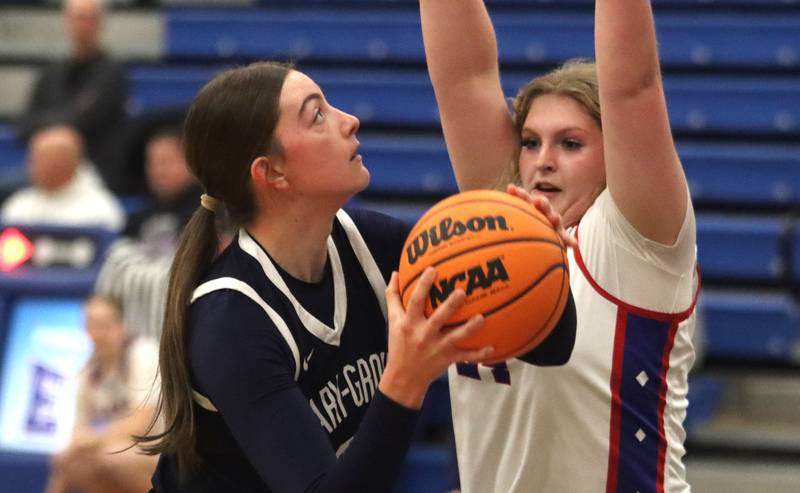 Cary-Grove’s Olivia Leuze, left, works for a shot as Lakes’  Amelia Harrison defends in varsity girls basketball action on Friday, Jan. 2, 2026  at Lakes High School in Lake Villa.