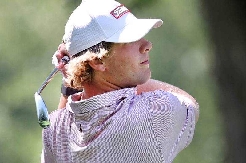Batavia's Gavin Newkirk tees off on the 7th hole Monday, Aug. 22, 2022, during the Mark Rolfing Cup at Kishwaukee Country Club in DeKalb.