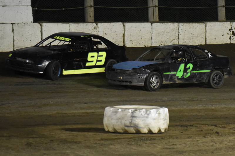 Jake Momper, right, makes a pass on Ryan Lageste out of turn two during a sport compact heat race at Kankakee County Speedway Friday, May 16, 2025. Momper would go on to win the feature race.