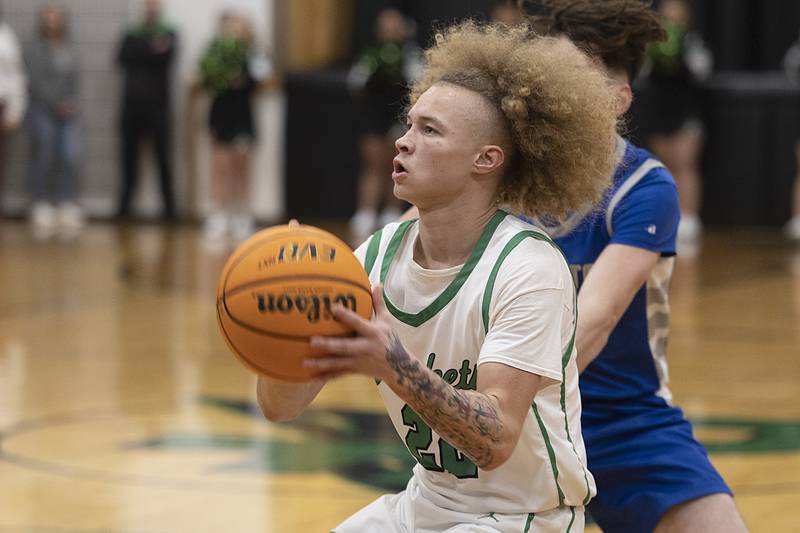 Rock Falls’ Nehemiah Menendez pulls up for a shot against Princeton Saturday, Jan. 4, 2025, at the Rock Falls Shootout.