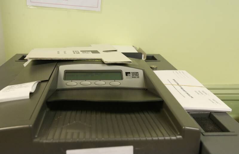 A voting machine waits for ballots at Zion United Church of Christ on Tuesday, April 4, 2023 in Peru.