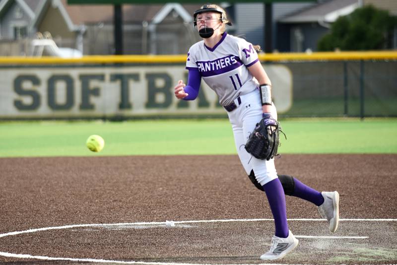 Manteno's Ava Peterson throws a pitch during a game at Coal City Monday, May 12, 2025.