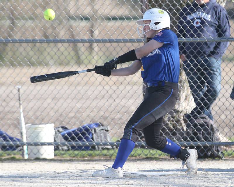 Somonauk's Haley McCoy smacks a hit against Earlville on Friday, April 12, 2024 at Earlville High School.