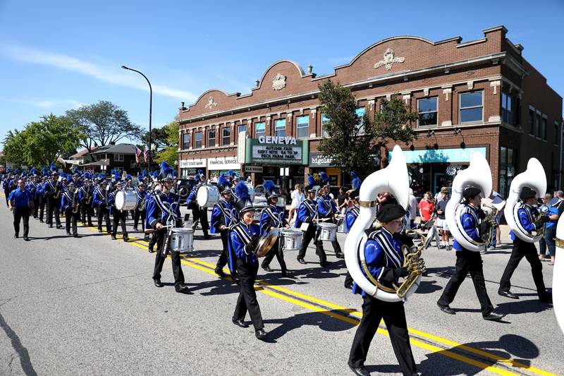 The Geneva High School Marching Band plays during the school’s annual homecoming parade on State Street on Friday, Sept. 15, 2023.