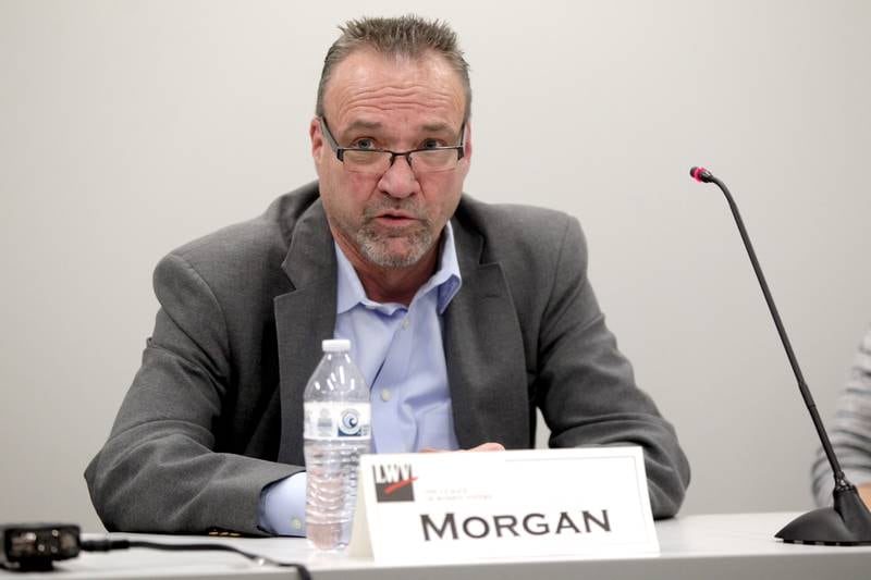 Timothy Morgan, candidate for Campton Hills trustee, answers a question during a candidates’ forum hosted by the League of Women Voters at the Campton Hills Village Hall on Thursday, March 2, 2023.