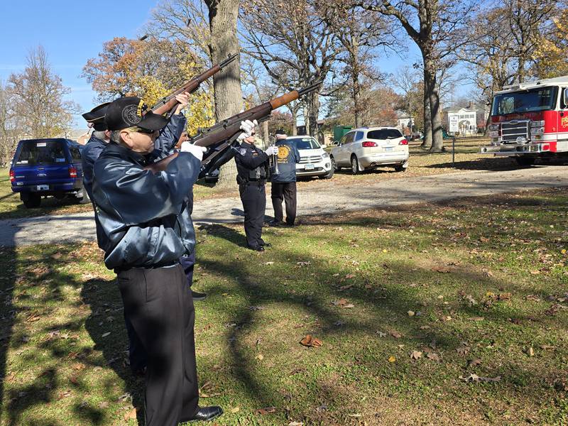 American Legion Post 217 fires volleys Monday, Nov. 11, 2024, during a Veterans Day ceremony at Streator City Park.