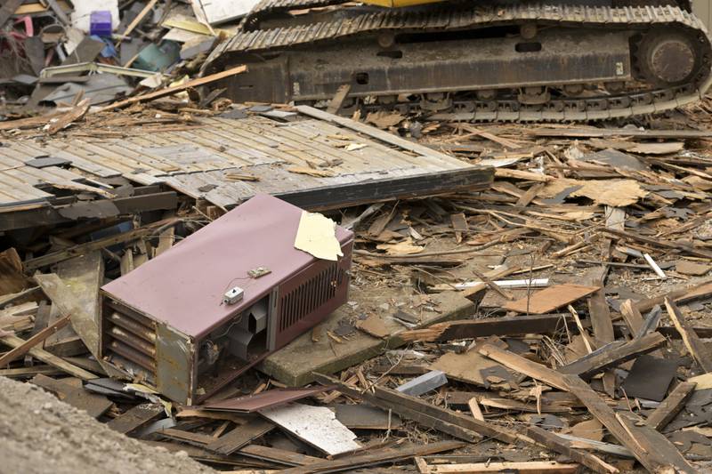 The historic 1890s Tin Shop building is being demolished, to make way for a downtown plaza with a public restroom facility and seating, on Wednesday, Jan 21, 2026 in Batavia.