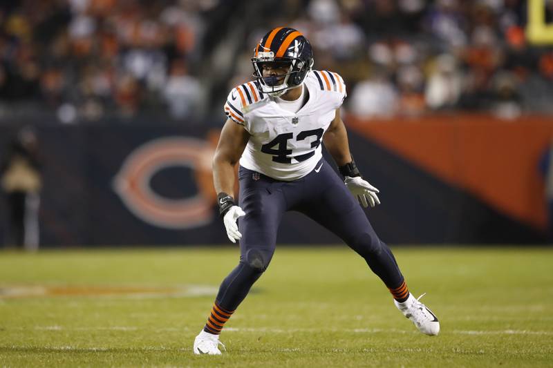 Chicago Bears linebacker Ledarius Mack runs on the field during a game against the Minnesota Vikings on Dec. 20, 2021, in Chicago.