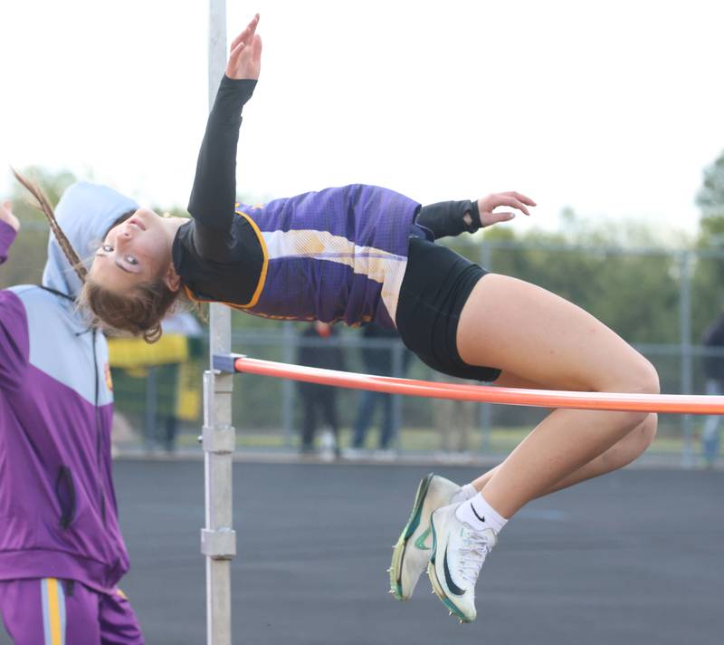 Mendota's Rylee Woods competes in the high jump during the Class 2A Sectional track meet on Wednesday, May 13, 2026 in the Jeff Prusator Athletic Complex at Mendota High School.