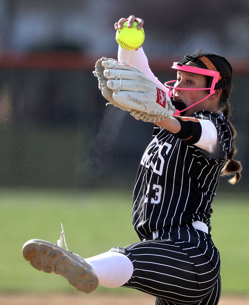 Crystal Lake Central's Oli Victorine throws a pitch during a Fox Valley Conference softball game against Huntley on April 7, 2026, at Crystal Lake Central High School.
