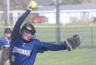 Somonauk pitcher Izabelle Podnar fires a pitch to Earlville on Friday, April 12, 2024 at Earlville High School.