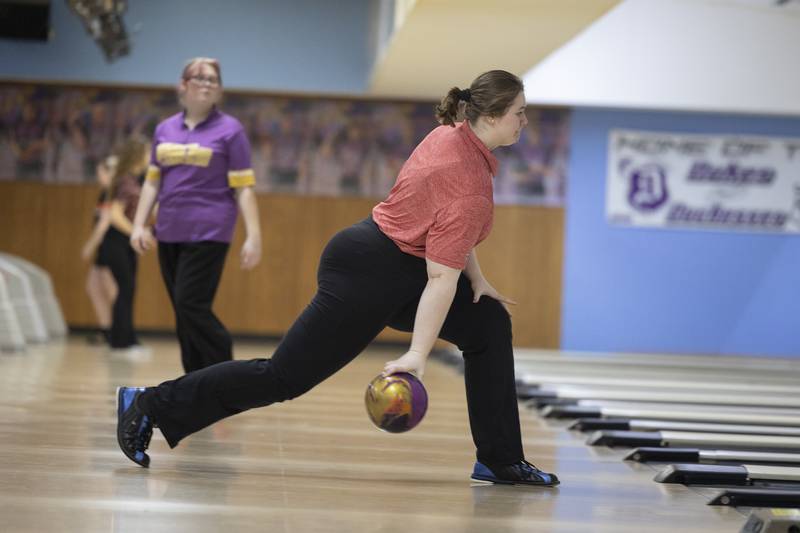 Erie-Prophetstown’s Jolene Wells fires the ball Friday, Feb. 7, 2025, in the girls bowling regionals at Plum Hollow in Dixon.