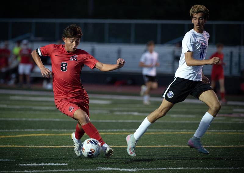 Bradley-Bourbonnais' Gaudalupe Valadez, left, sets up for a shot on goal while Manteno's Braden Campbell, right, defends in a game on Tuesday, September 16, 2025. Valadez scored the second goal of the game on the play.