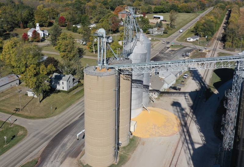 Some corn leaks out of a grain bin during a partial collapse at Rumbold & Kuhn Inc. on Tuesday, Oct. 15, 2024 in Putnam.