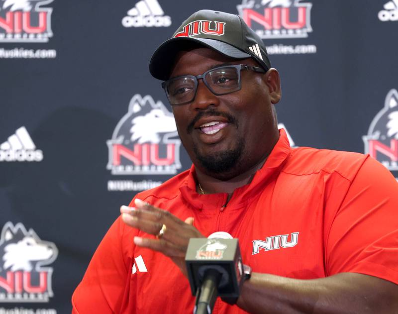 Thomas Hammock, Northern Illinois University football head coach, speaks Wednesday, Aug. 13, 2025, during the NIU fall sports media day in the Yordon Center at NIU in DeKalb.