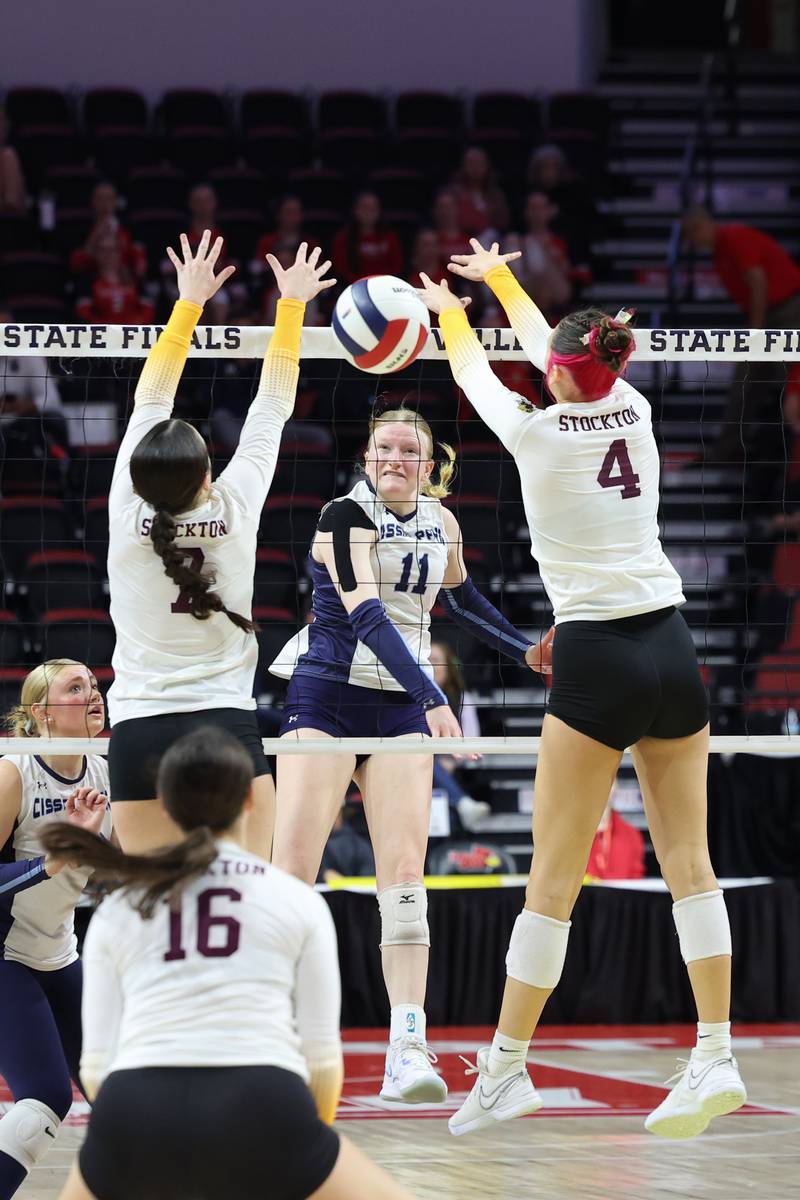 Cissna Park's Sophie Duis spikes the ball during the Timberwolves' victory in two sets, 25-11, 25-14, over Stockton in the IHSA Class 1A State championship on Saturday, Nov. 15, 2025.