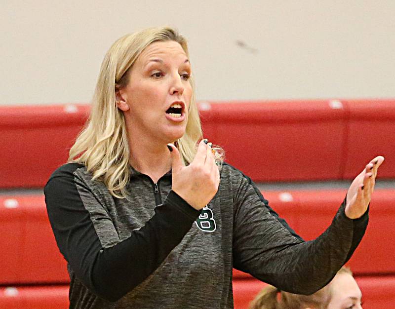 St. Bede girls basketball head coach Stephanie Mickley talks to her team while playing Hall on Monday, Nov. 28, 2022 at Hall High School in Spring Valley.