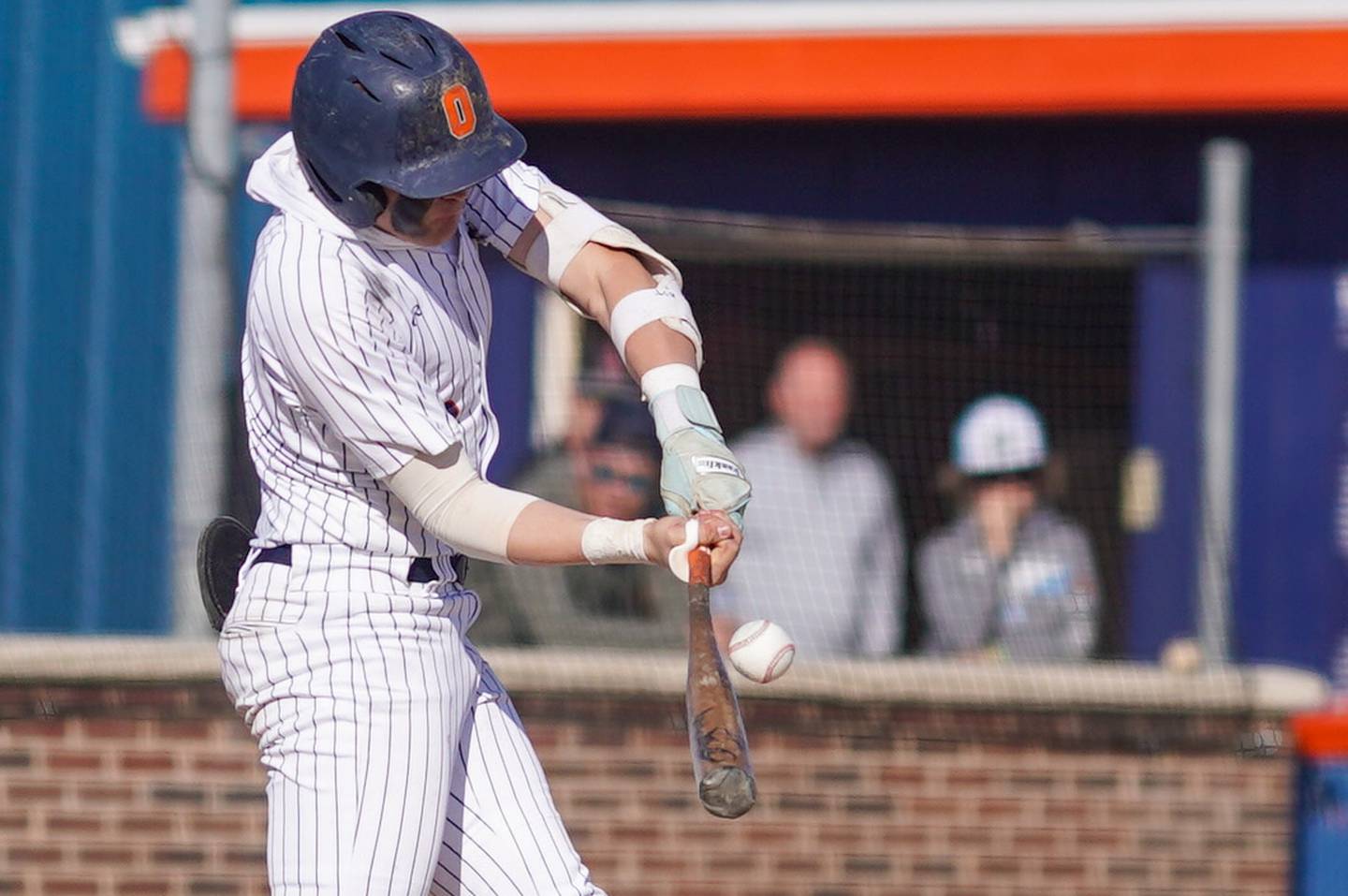 Oswego’s Easton Ruby (2) drives in a run on a sac-fly against West Aurora during a baseball game at Oswego High School on Thursday, April 25, 2024.