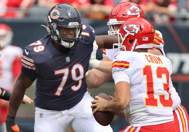 Chicago Bears defensive tackle Trevon Coley sacks Kansas City Chiefs quarterback Dustin Crum during their preseason game Aug. 13, 2022, at Soldier Field in Chicago.